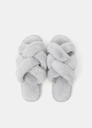 Тапочки, комнатные, меховые, пушистые, серые