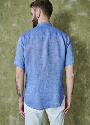 Льняная мужская рубашка на короткий рукав vil'ni ливерпуль синий3 фото
