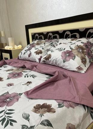 Комплект постельного белья натуральный двухсторонний бязь голд гибискус розового цвета2 фото