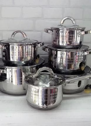 Набір кухонного посуду із нержавіючої сталі 12 предметів edenberg eb-4012 набір каструль для всіх видів плит