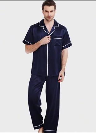 Мужская пижама атласная шелковая синяя с коротким рукавом (размер s - xxxl 42-56)