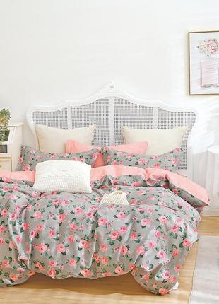 Комплект постільного білизни bella villa сатин євро сіро-рожевий з квітами (b-0324 eu)