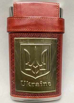 Фляга з нержавіючої сталі обтягнута шкірою з чарками україна бронза 266 мл