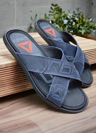 Стильні шльопанці,шлоьпки,капці рібок reebok шкіряні/шкіра сині чоловічі літні,на літо 2023-2024