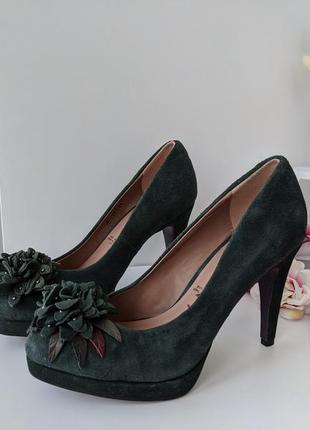 Елегантні замшеві туфлі 5th avenue зелені натуральна шкіра з квіткою