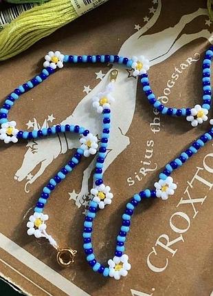Синий чокер ромашки голубой из бисера чекер яркий топ цветы цветочки украшение