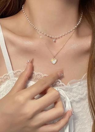 Подвійне перлове намисто серце підвіска чокер перли3 фото