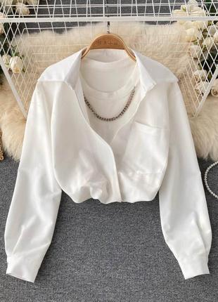 Комплект: коттоновая рубашка + топ в рубчик с цепочкой, базовый качественный костюм черный белый стильный трендовый свободный оверсайз алкоголочка
