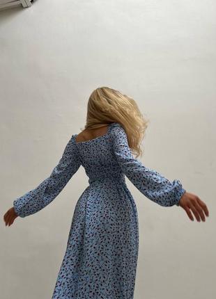 Ніжна блакитна сукня міді з довгим рукавом базова стильна трендова довге голубе плаття романтична з поясом зав'язками3 фото