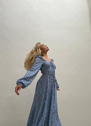 Ніжна блакитна сукня міді з довгим рукавом базова стильна трендова довге голубе плаття романтична з поясом зав'язками7 фото