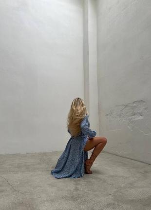 Ніжна блакитна сукня міді з довгим рукавом базова стильна трендова довге голубе плаття романтична з поясом зав'язками5 фото