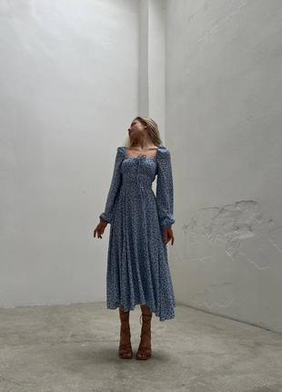 Ніжна блакитна сукня міді з довгим рукавом базова стильна трендова довге голубе плаття романтична з поясом зав'язками4 фото