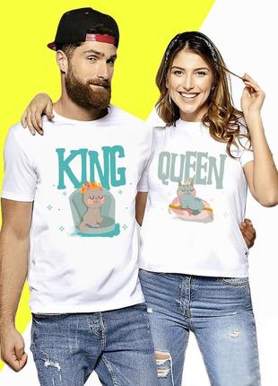 Парные белые футболки для влюбленных с принтом "king queen. король и королева. коты" push it