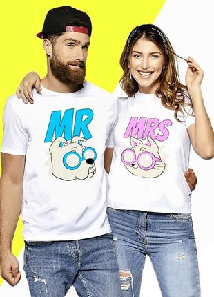 Парные белые футболки для влюбленных с принтом "mr mrs. мистер и миссис. собака и кошка в очках"
