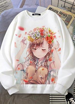 Світшот білий з оригінальним принтом. аніме. дівчина у вінку. розмір s
