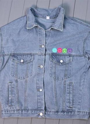 Джинсовая куртка женская оверсайз, смайлики, р.42-46