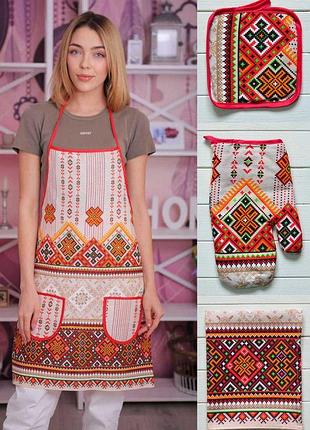 Кухонный набор из льна 4 предмета: прихватка рукавичка , фартук , полотенце украинский орнамент