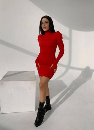 Качественное женское платье с буфами красное. женское платье трикотаж8 фото
