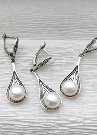 Срібні сережки та кулон з перлами авокадо1 фото