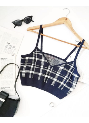 Трикотажний кроп-топ/топ/майка в клітинку темно-синього кольору primark, на р. м