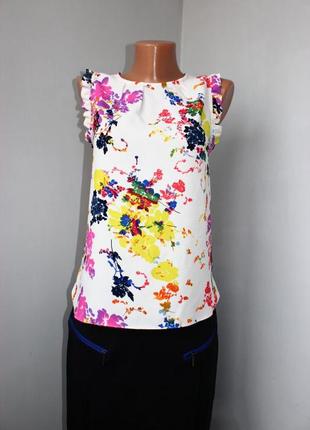 Блуза / кофточка / топ белая в принт разноцветных цветов / с рюшами, румыния, 81 фото