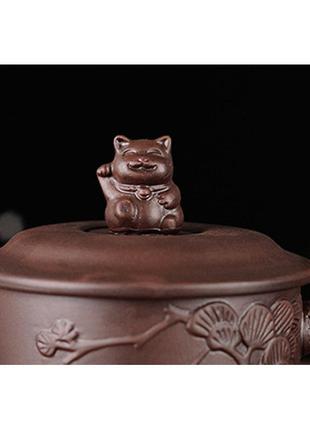Чашка коричнева для чаю з кришкою глиняна щасливий кіт 350 мл. кухоль заварник із ісиній глини3 фото