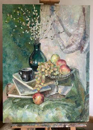 Большая картина маслом: натюрморт с вазой и фруктами ручной работы