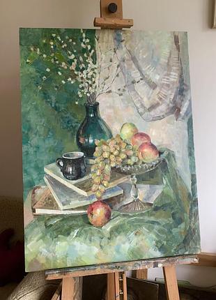 Большая картина маслом: натюрморт с вазой и фруктами ручной работы