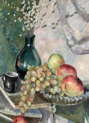 Большая картина маслом: натюрморт с вазой и фруктами ручной работы