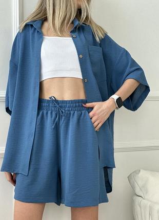 Женский костюм с рубашкой шортами на лето базовый черный серый синий зеленый голубой...