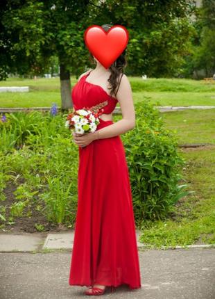 Вечірня випускна довга червона сукня в підлогу шифонова на одне плече з відкритою спиною1 фото