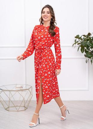 Красное цветочное платье с кулиской и разрезом3 фото