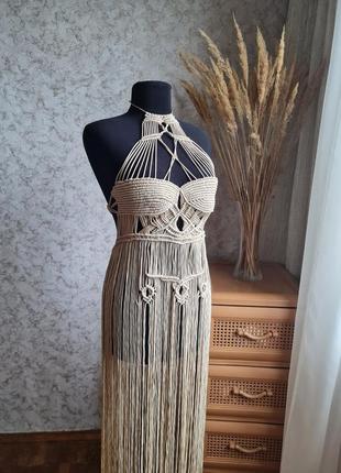 Бежевое платье макраме, золотистое макраме платье для фотосессии