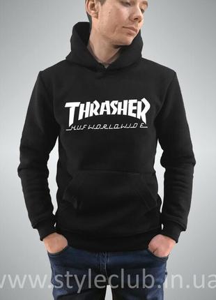 Толстовка черная huf x thrasher collaboration | худи трешер | кенгуру трашер7 фото