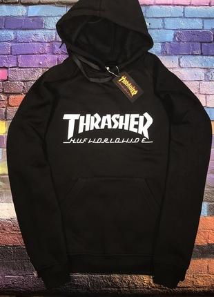 Толстовка черная huf x thrasher collaboration | худи трешер | кенгуру трашер3 фото