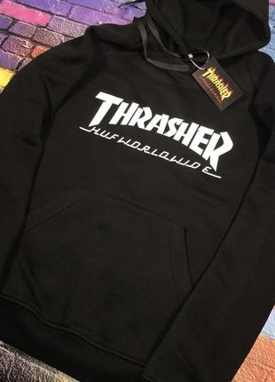 Толстовка черная huf x thrasher collaboration | худи трешер | кенгуру трашер9 фото