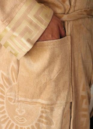 Чоловічий махровий халат із кишенями домашній, теплий чоловічий халат натуральний довгий бежевий5 фото