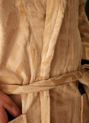 Чоловічий махровий халат із кишенями домашній, теплий чоловічий халат натуральний довгий бежевий4 фото