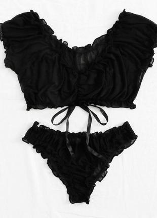 Черный комплект белья пижама для дома сна топик с плавками сетка рюши2 фото