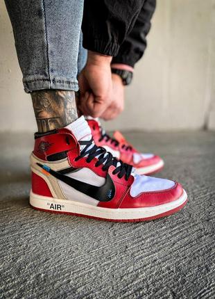 Кроссовки мужские off-white x nike air jordan 1 retro «chicago» красно-белые / кроссовки мужественные офф-вайт &amp; найк аир джордан Красно-белые