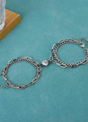 Парные двойные браслеты для влюбленных на магните две половинки сердца неразлучники3 фото
