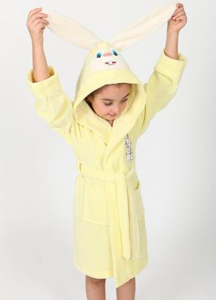 Детский халат для девочек с ушками на поясе, махровый халат для девочки с капюшоном желтый1 фото