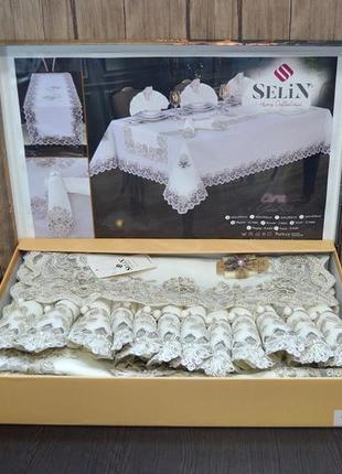 Льняная скатерть с ранером selin esra set 160×300 см +12 салфеток2 фото