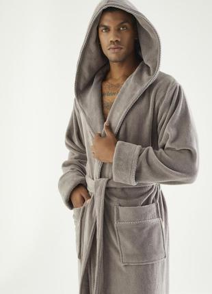 Велюровый халат мужской натуральный домашний с капюшоном, теплый мужской халат махра на поясе серый