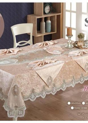 Велюрова скатертина з ранером selin hurrem set 160×350+12 серветок