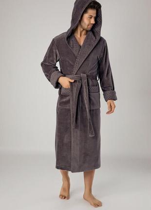 Чоловічий халат махрової гарної якості велюровий довгий, халати чоловічі однотонний домашній баклажановий