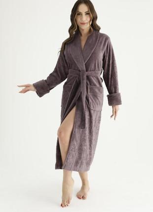 Халат махровый женский пушистый производства турция, махровый женский халат длинный фиолетовый s1 фото