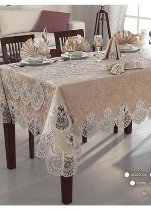 Велюровая скатерть с ранером selin beyza set 160×350+12 салфеток