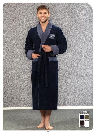 Мужской махровый халат велюровый на поясе длинный, халаты мужские с капюшоном домашний темно синий