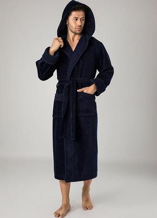 Мужской халат махровый хорошего качества велюровый длинный, халаты мужские однотонный домашний темно-синий м